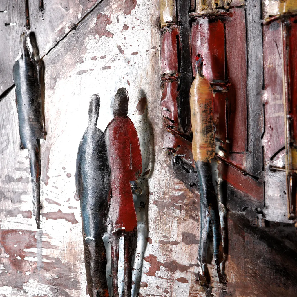 Tableau métal 3D fait main tramway rouge 80x80 cm relief exceptionnel