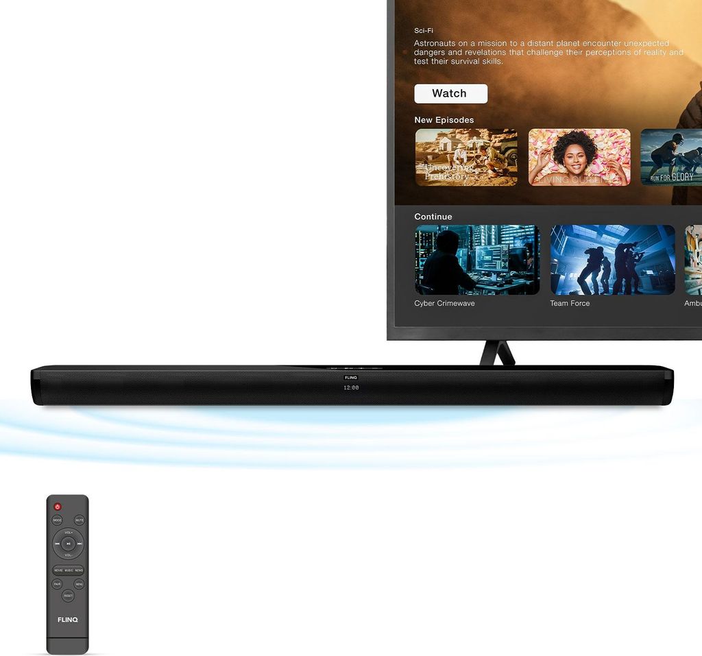 FlinQ Bluetooth Soundbar mit Subwoofer – TV Soundbar All-in-One – 3D Surround – Fernbedienung – Film/Musik/News – Schwarz