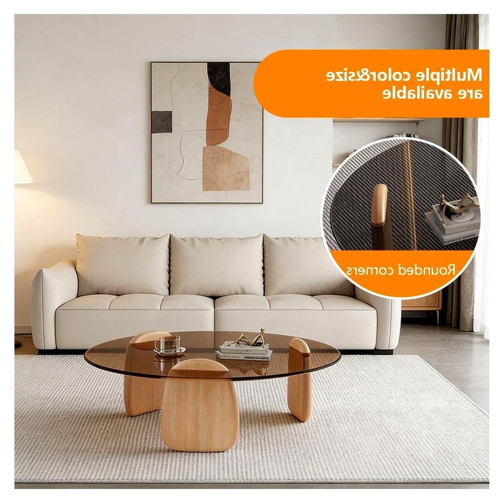 Cremefarbener Couchtisch mit Massivholzbeinen, runder Beistelltisch aus gehärtetem Glas, für Wohnzimmer, Balkon, Lounge, Wohnung