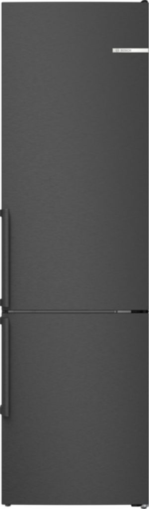 A front view of a dark gray Bosch refrigerator-freezer combination.