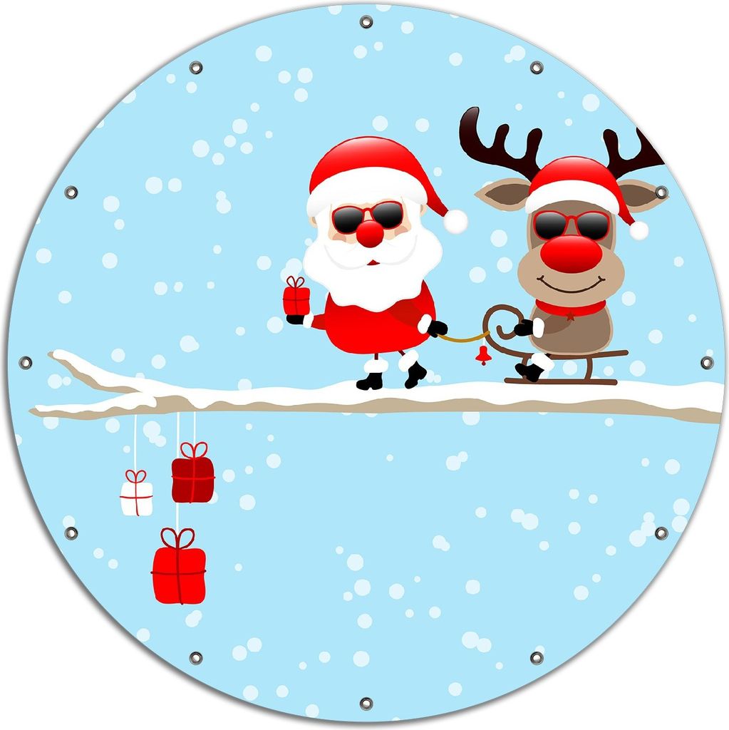 Wallario rundes Outdoor-Poster für Garten oder Balkon, Motiv Cooler Weihnachtsmann mit Rentier auf einem Ast, 120 cm Durchmesser