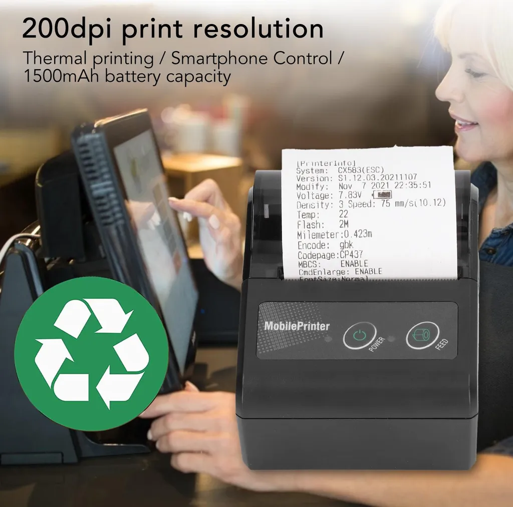 Imprimante de reçus sans fil 200 dpi, compacte et rapide par Bluetooth