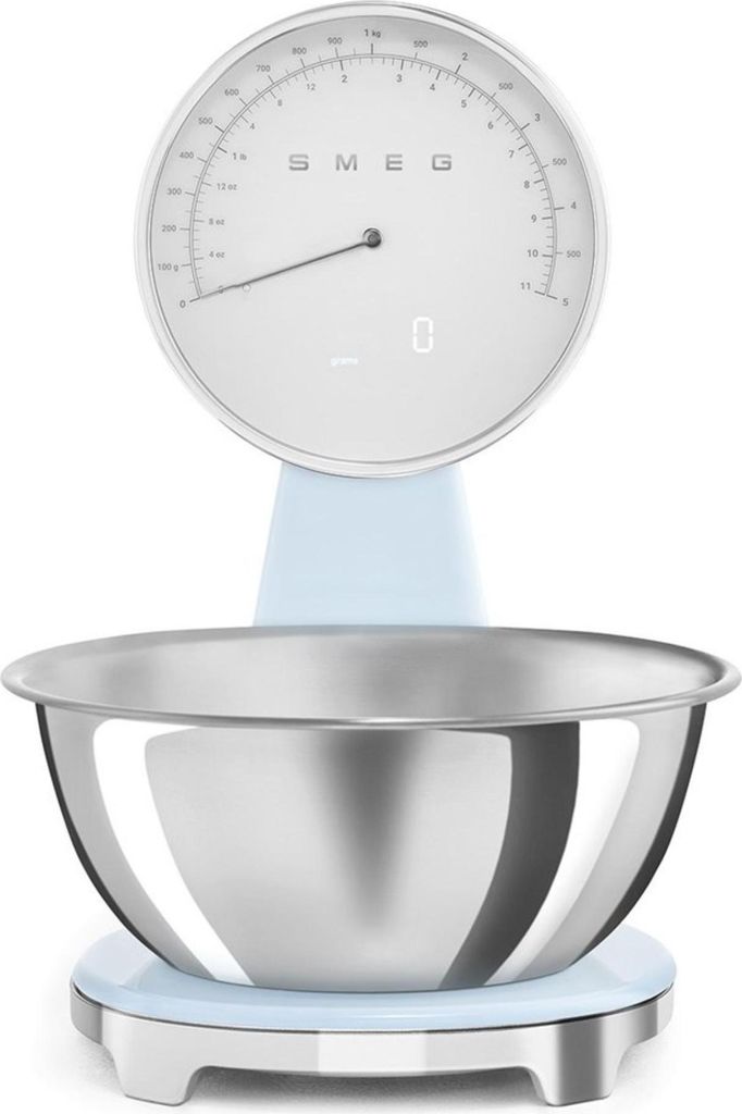 A kitchen scale with a stainless steel bowl.