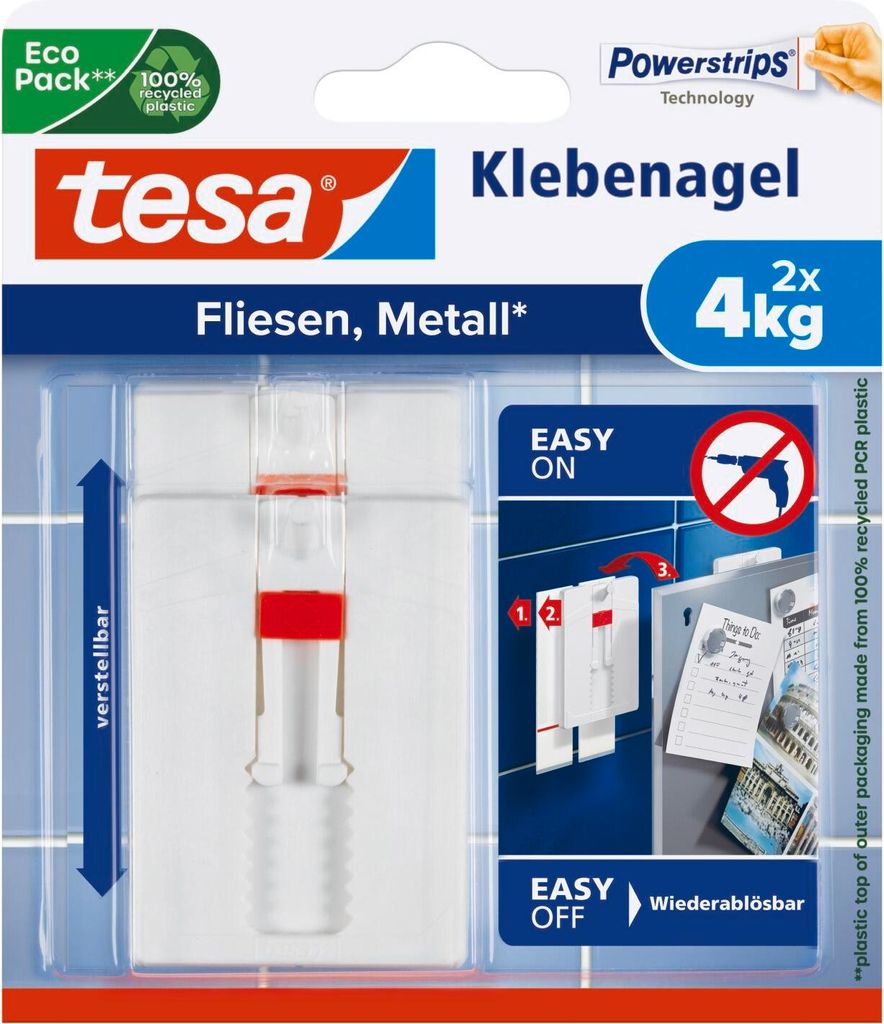 tesa Klebenagel Fliesen&Metall, verstellbar, 2 Stück, 4 kg Haltekraft