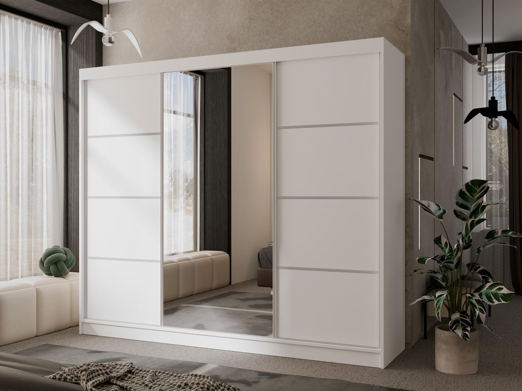 Modern Kleiderschrank mit Spiegel Matteo I 250 cm Spiegelschrank mit 3 Schiebetüren weiß Schrank Garderobenschrank, Farbe: Schwarz, silberne Alum...