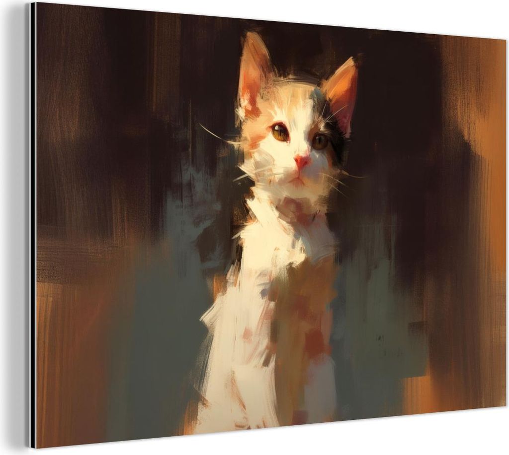 MuchoWow Wanddekoration Metall Metallbild Wandkunst 120x80 cm Katze - Gemalt - Künstlerisch - Weiß MuchoWow Aluminium Gemälde - Alu Bild