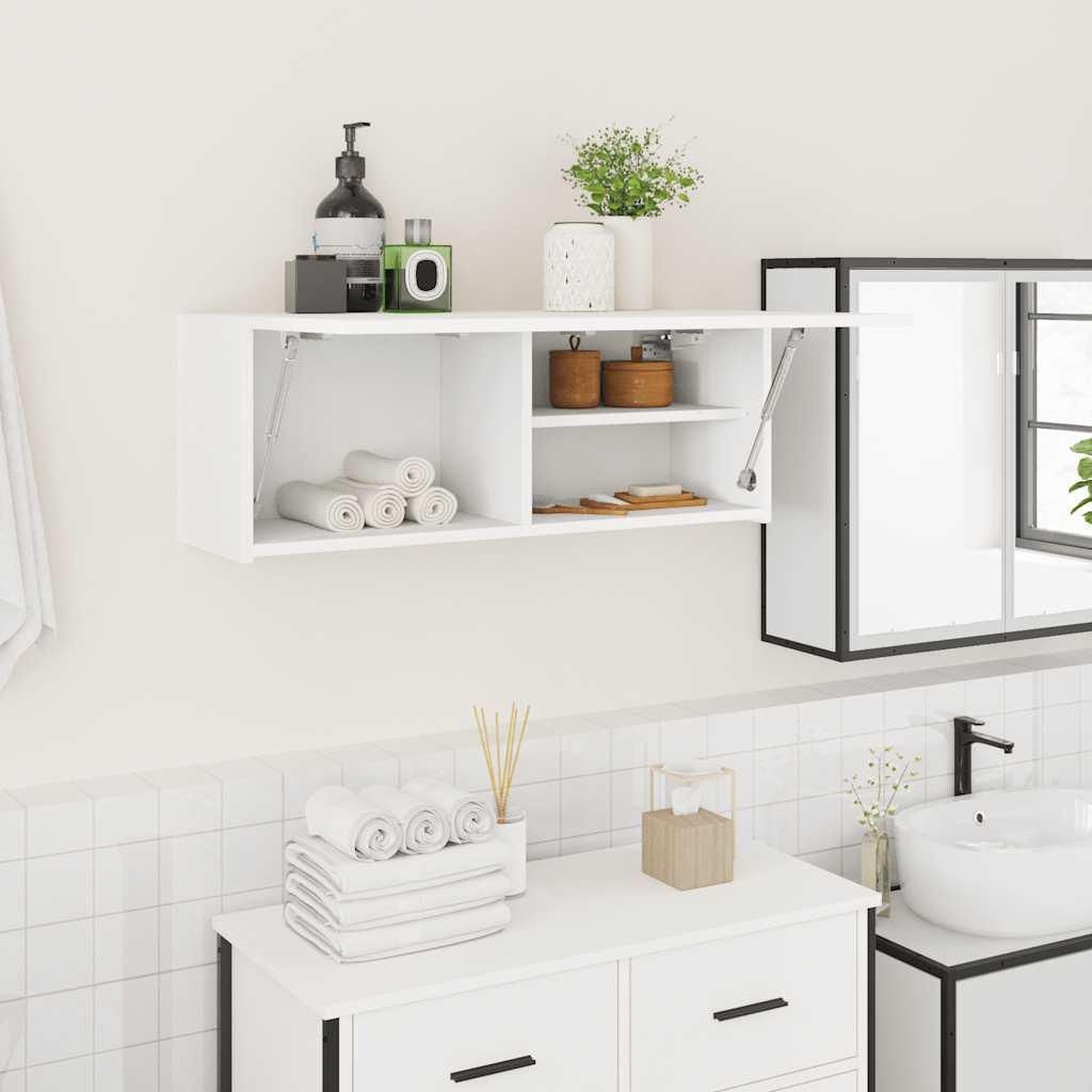 A white bathroom cabinet mounted on a white tiled wall, with various bathroom accessories on and around it.