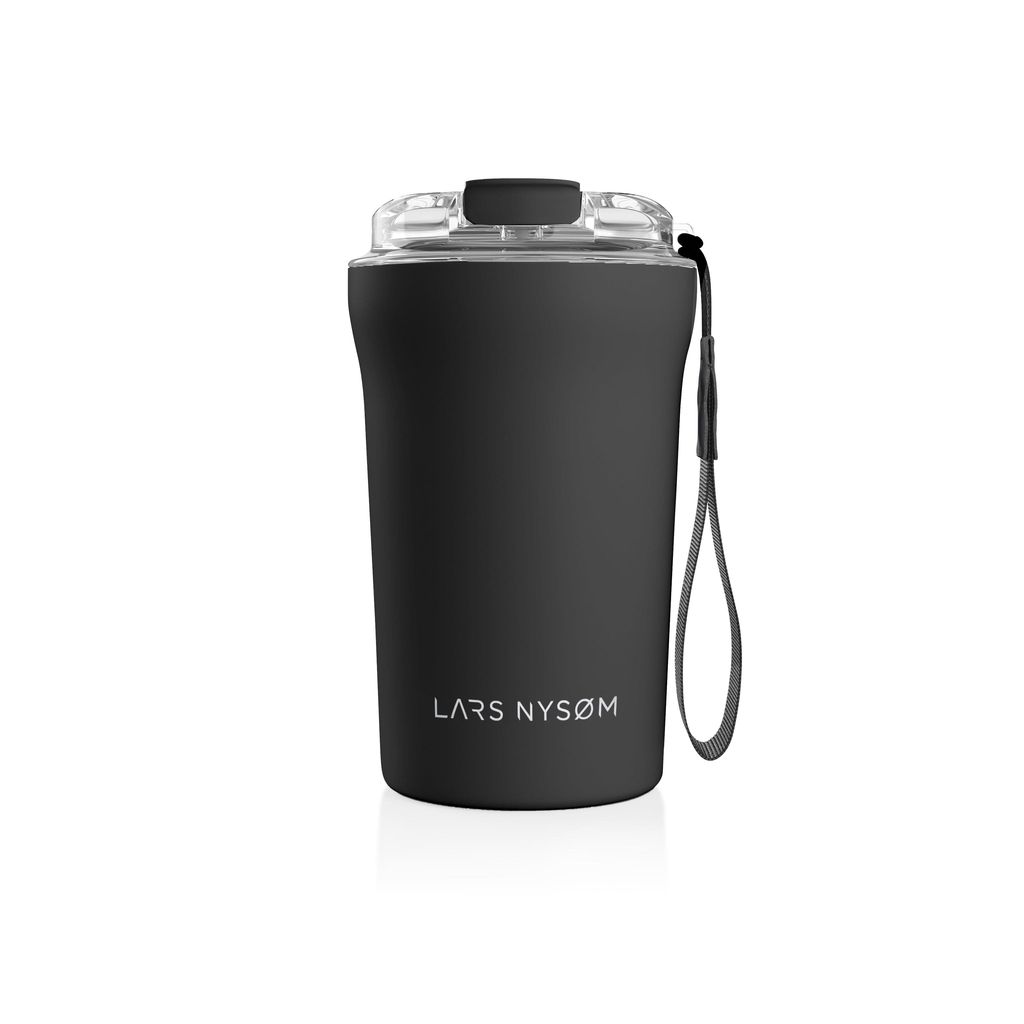 LARS NYSØM Thermo Kaffeebecher-to-go mit Trageschlaufe & Tritan Deckel | BPA-freier Travel Mug 0,38 Liter mit Isolierung (Onyx Black, 380ml)