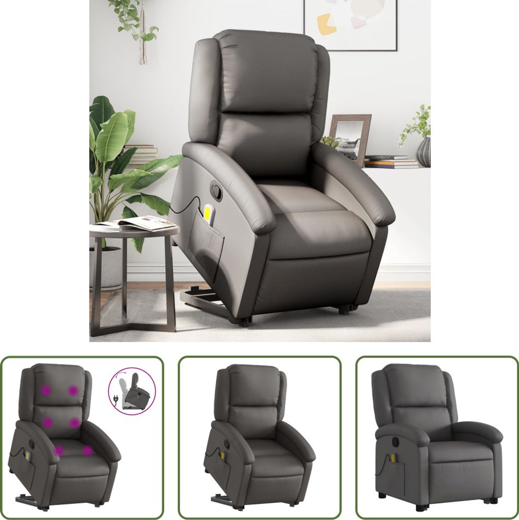 The Living Store Massagesessel mit Aufstehhilfe Grau Echtleder