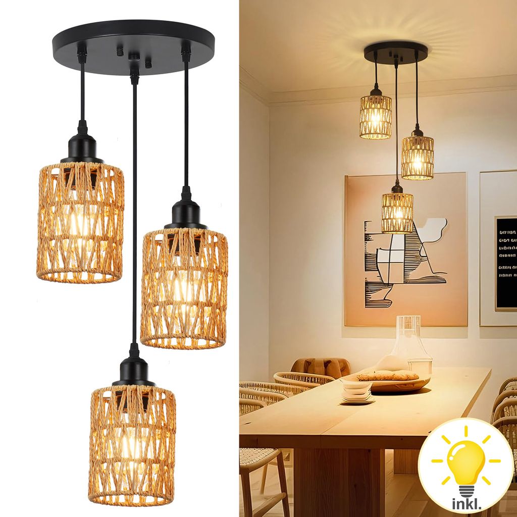 Pendelleuchte Rattan Esstisch 3-Flammig,Hängelampe Deckenleuchte Boho mit 3 Birnen,Deckenlampe E27 Höhenvestellbar Wohnzimmer Schlafzimmer Esszimmer