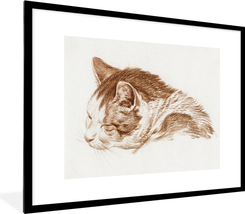 MuchoWow MuchoWow Gerahmtes Poster Kopf einer schlafenden Katze - Gemälde von Jean Bernard 80x60 cm - Poster mit zchwarzem Bilderrahmen - Schl...