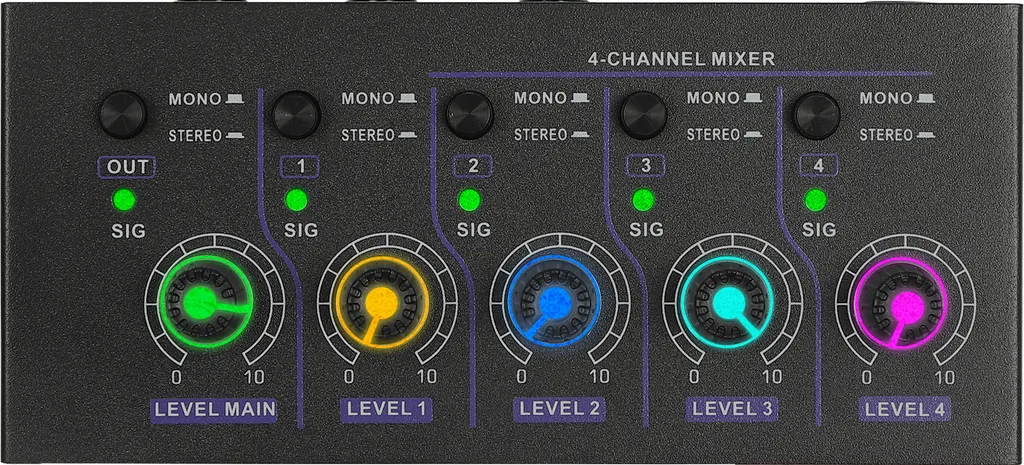 Mixeur audio RGB à faible bruit 4 canaux noir pour studio de poche