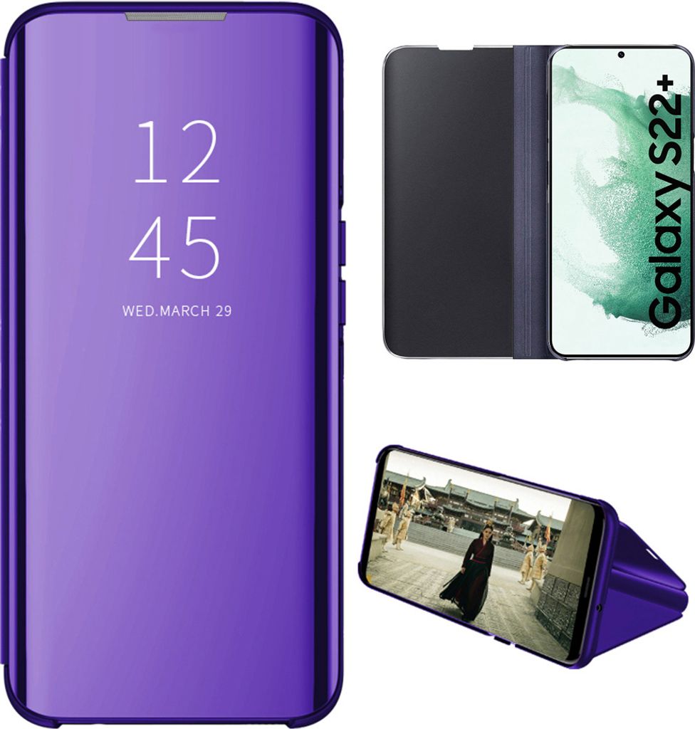 Samsung Galaxy S22 Plus 5G Hülle, lichtdurchlässigen Spiegel Abdeckung, Klappetui Kunstleder Schutzhülle mit Standfunktion Blau Lila
