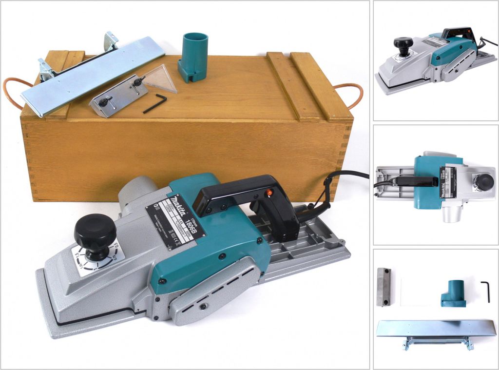 A collage of images showing a Makita electric planer and its accessories, including a wooden case, guide fence, dust collector, and blades.