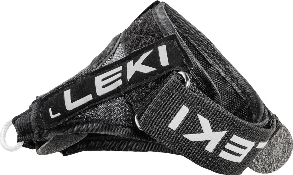 A close-up of a black and gray ski pole strap with the LEKI logo visible.