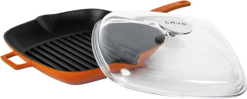LAVA Metall-Grillpfanne 28 x 28 cm mit Deckel Gusseisen Orange LVPGT2828K3OR