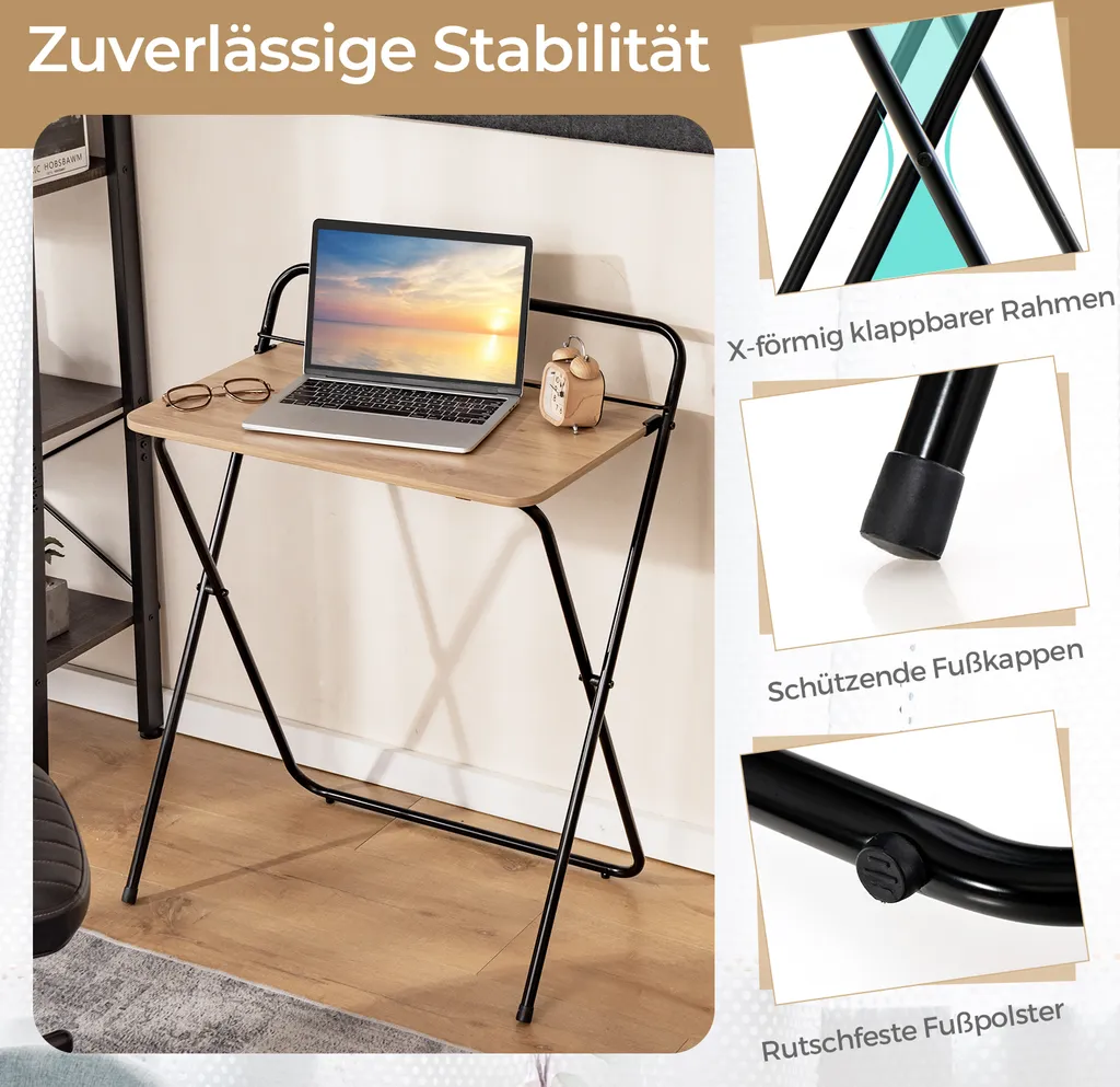 COSTWAY Table d'ordinateur pliante nature, Bureau compact avec support - 3