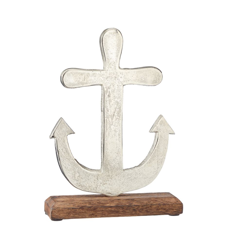 Anker Aluminium auf Holzsockel Maritim silber Holz used look ca. 21 x 15,5 x 5 cm (HxBxT)