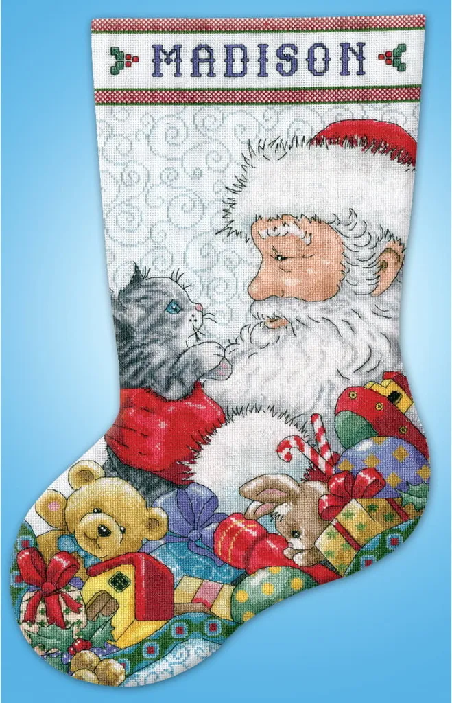 Botte de Noël à Personnaliser en Broderie Point de Croix Père Noël Chat
