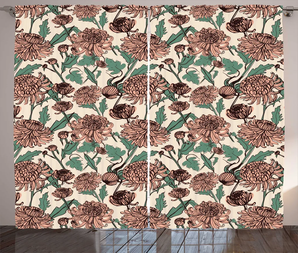 Rideaux de salon fleurs de chrysanthèmes avec attaches boucles 280x225