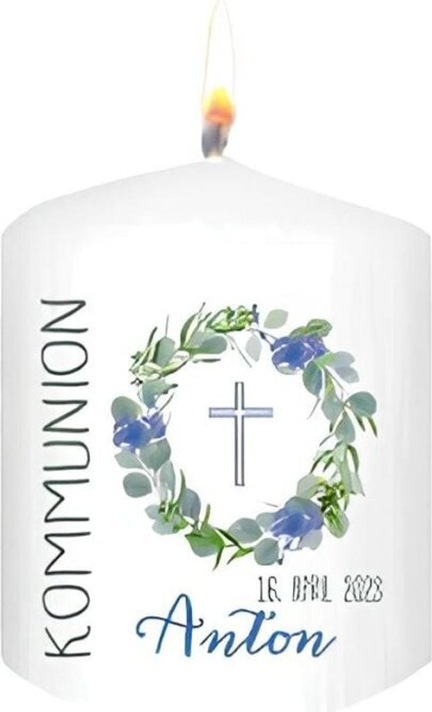 Gastgeschenk Kommunionkerze 60 x Ø 50 mm in Weiß "Kommunion" Blau und Namensverzierung, 12 Stück