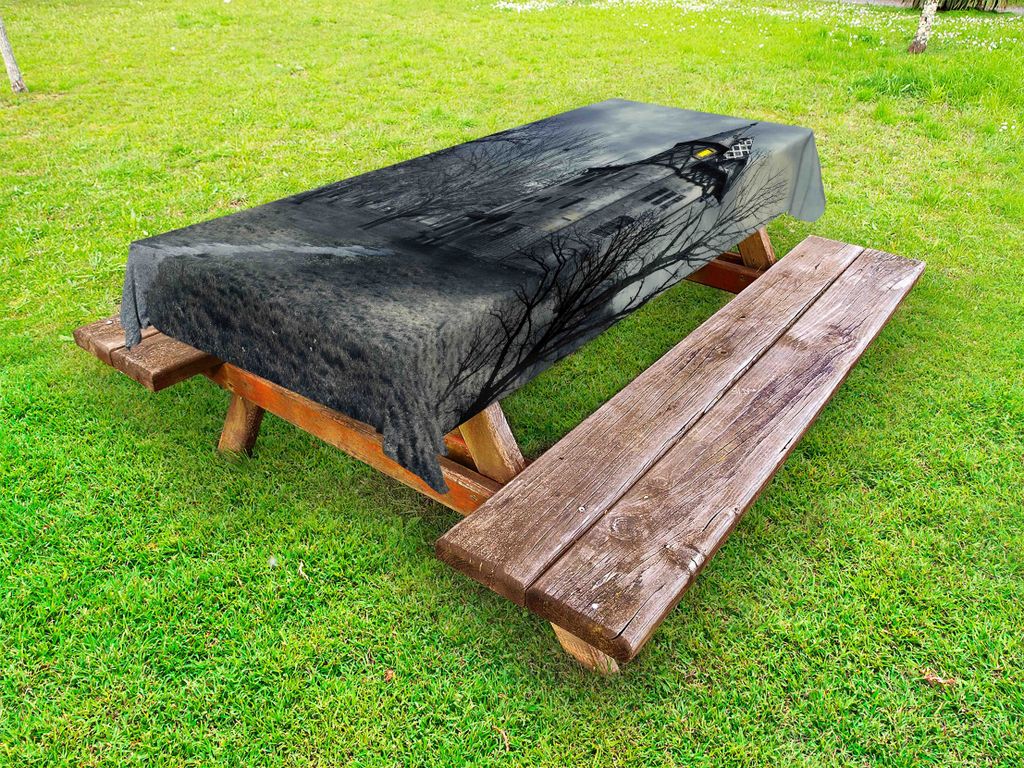 ABAKUHAUS Halloween Tischdecke Outdoor, Halloween-Design mit gotischen Spukhaus-dunklen Himmel und blattlosen Bäumen Spuk-Thema, Teal, 145x210cm