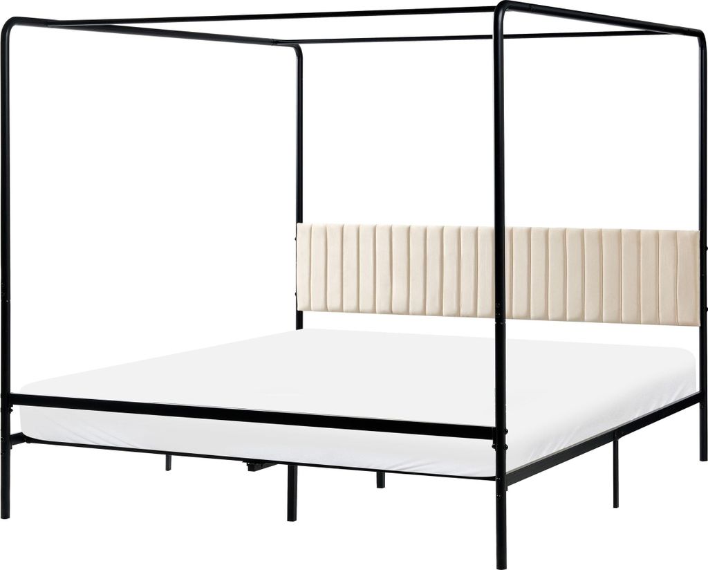 BELIANI Himmelbett Schwarz Metall mit Polsterkopfteil Gesteppt Metallrost 180x200 cm Modernes Design Schlicht Schlafzimmer Bett Doppelbett Metallbett
