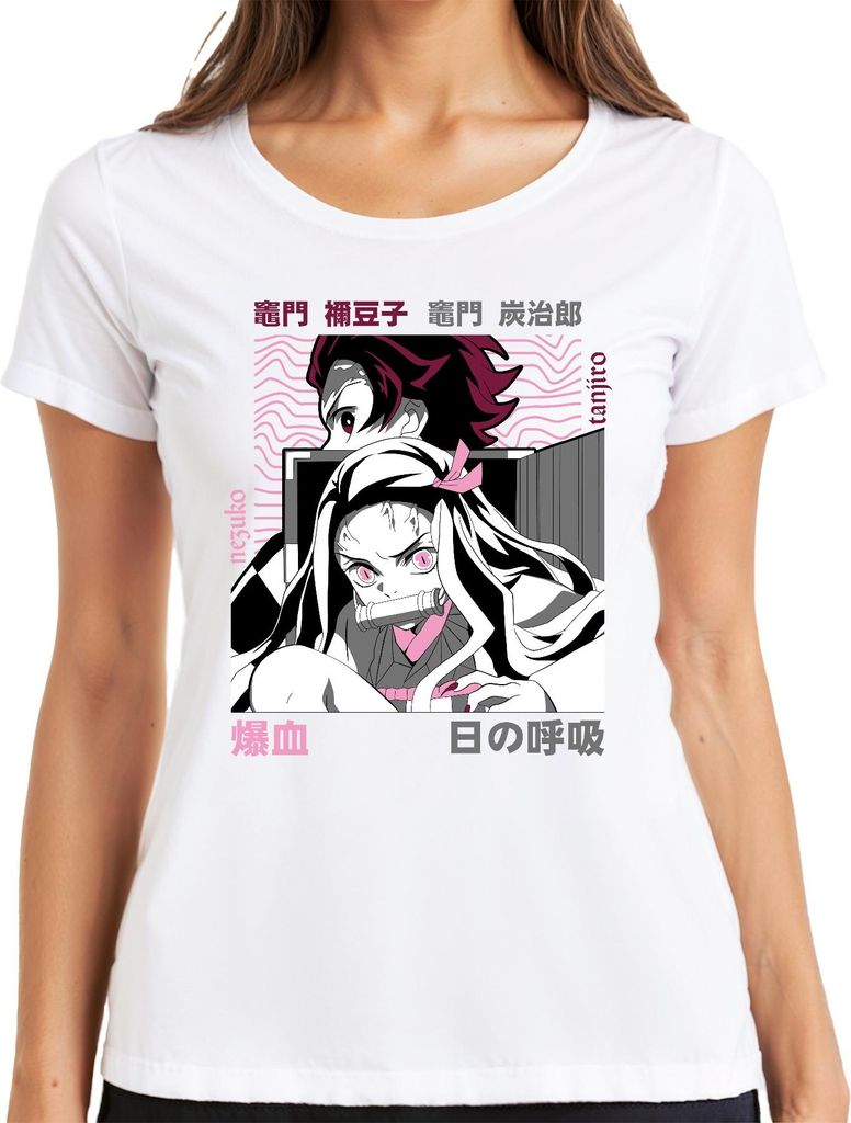 Kimetsu no Yaiba Nezuko Tanjiro Anime Dämonenjäger Japan Y2K Streetwear Pink Damen T-Shirt, Weiß, 3XL