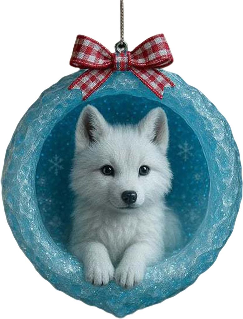 Weihnachtsschmuck mit arktischen Tieren: 2D-Acryl-Höhlenmotiv mit Eisbär und Pinguin als Hängedekoration für den Weihnachtsbaum.