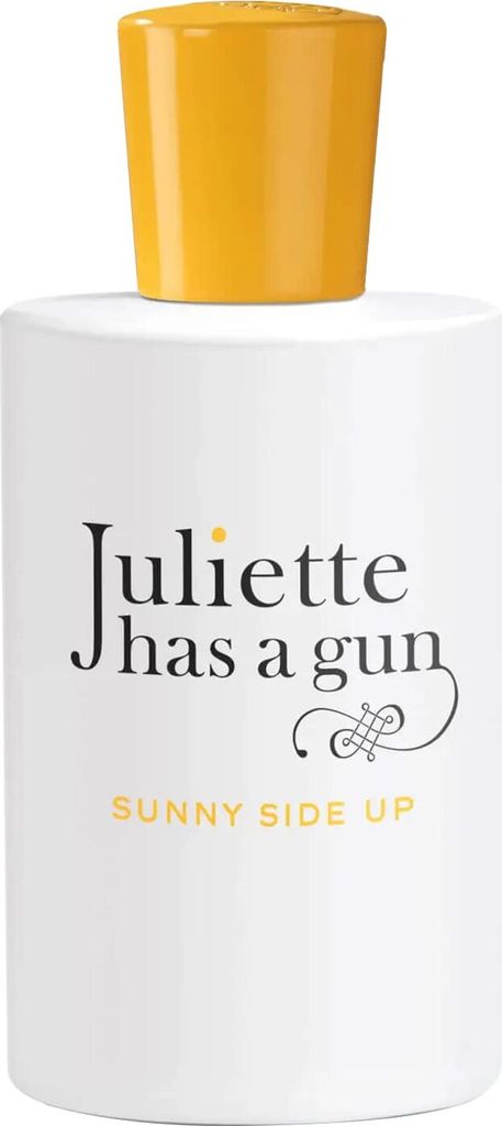 A white bottle of perfume with a yellow cap and text on the front.