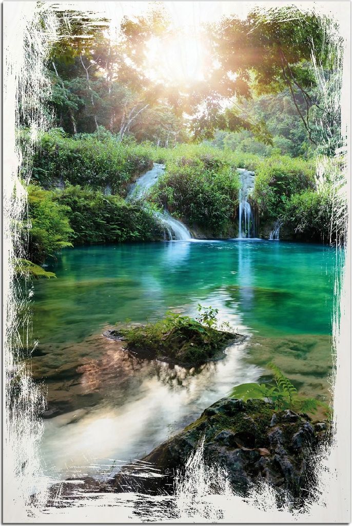 Kunstdrucke Wandbilder Holz in : Brillante Farben, Größe 60 x 90 cm Motiv Türkisgrüner See im Nationalpark in Guatemala