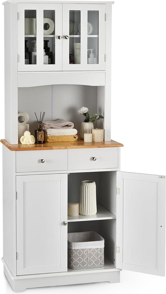 A white freestanding kitchen storage cabinet with a wooden top and glass doors on the upper section.