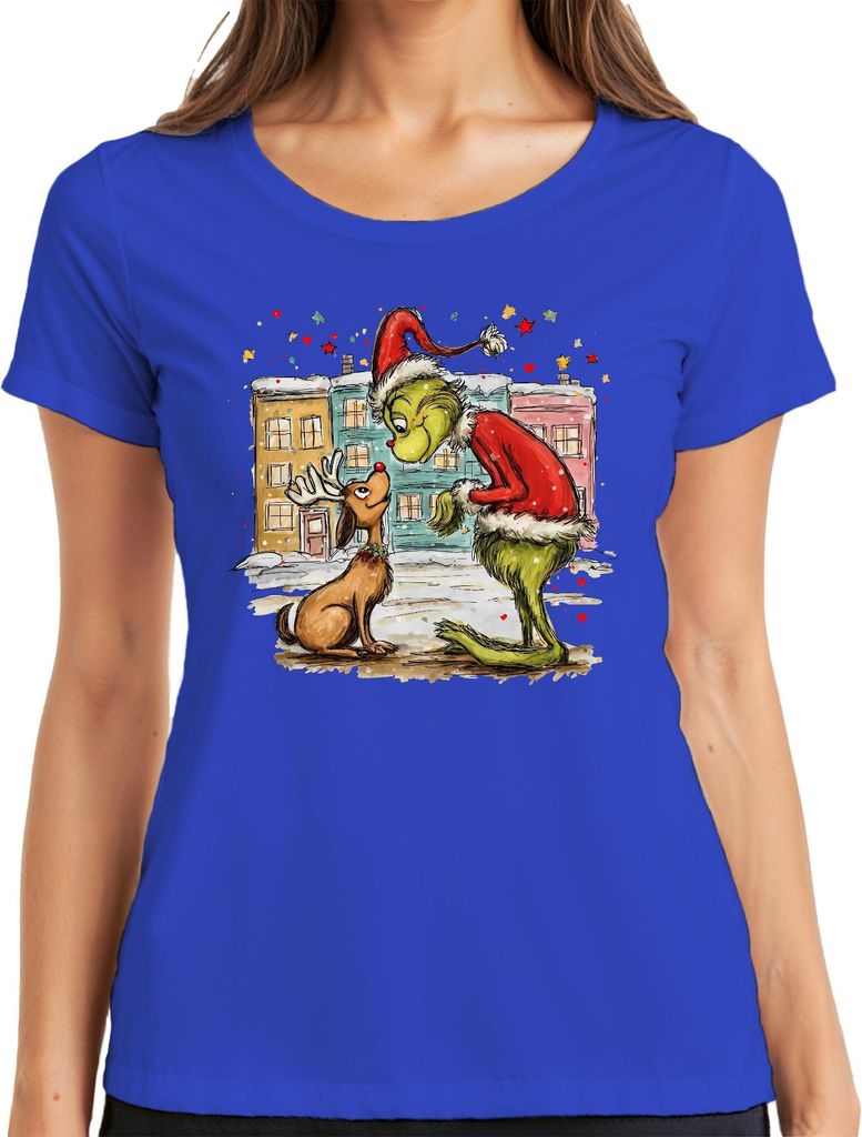 Grinch Rentier rote Nase Weihnachten lustig Geschenk Retro Damen T-Shirt, Blau, L