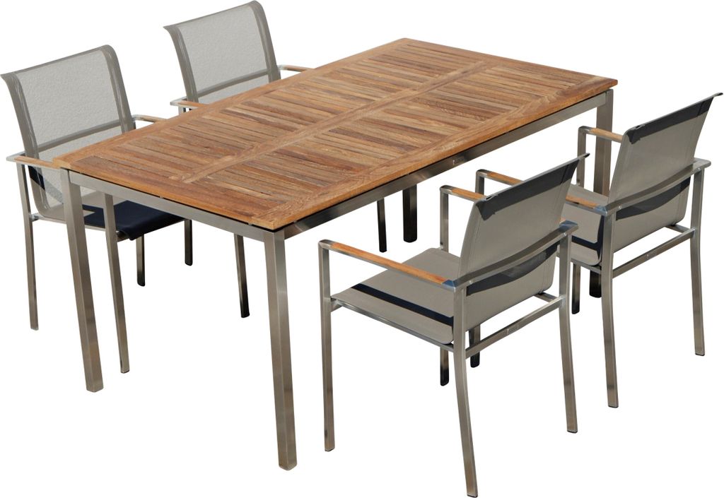 ALEOS. Gartengarnitur Edelstahl Batyline A-Grade Teak Holz Set Tisch 160x90 cm + 4 Sessel mit Batyline Bespannung Serie KUBA-BRAUN Gastroqualität