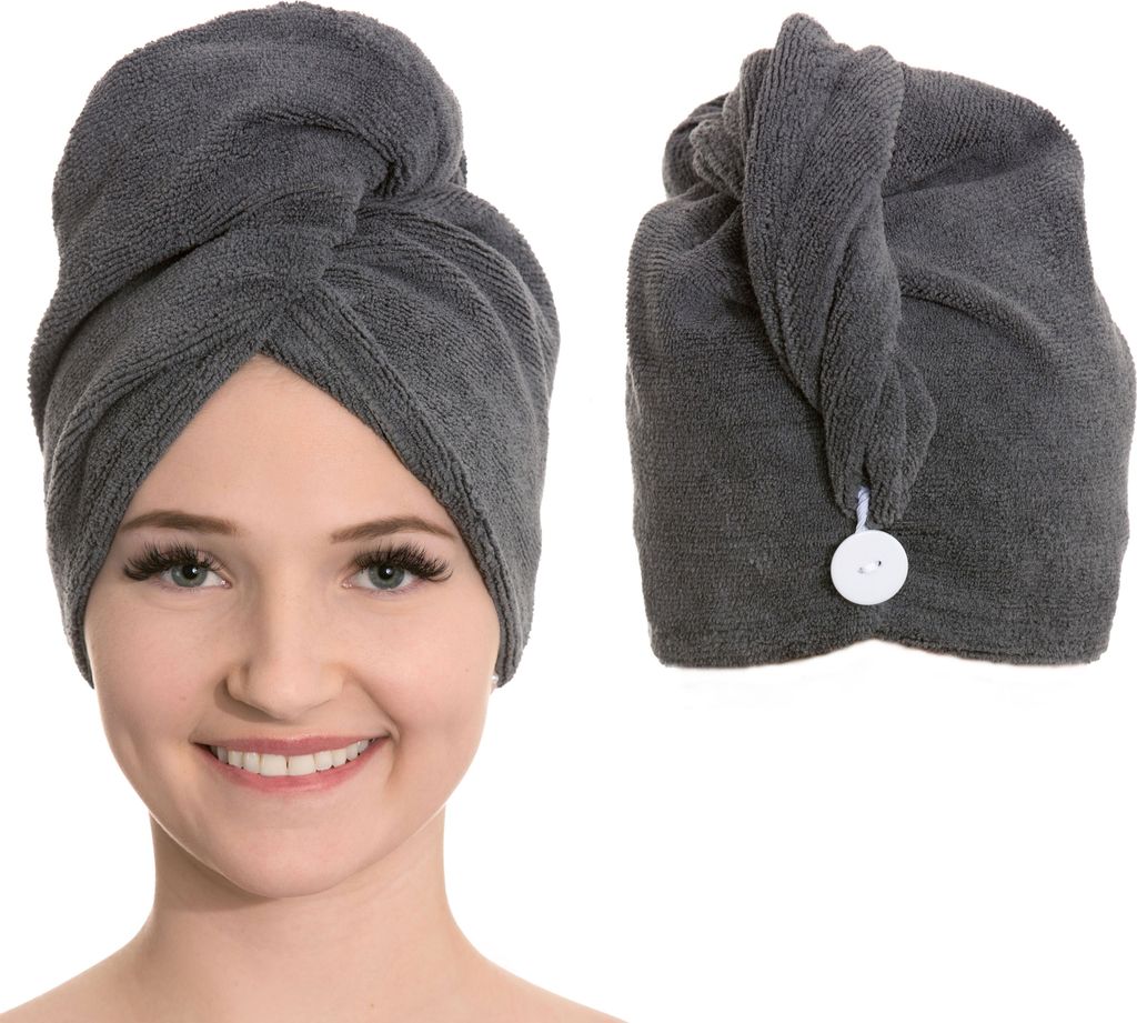 2er Set Haarturban / Kopfhandtuch, Mikrofaser, anthrazit, 65 cm lang