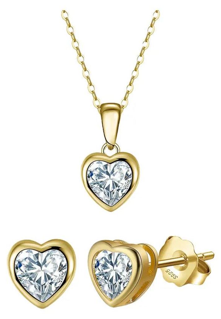 Suzan Gold Vergoldetes 925 Silber Schmuckset für Damen | Halskette mit Herz-Anhänger & passende Ohrstecker | Funkelnde Zirkonia im romantischen...