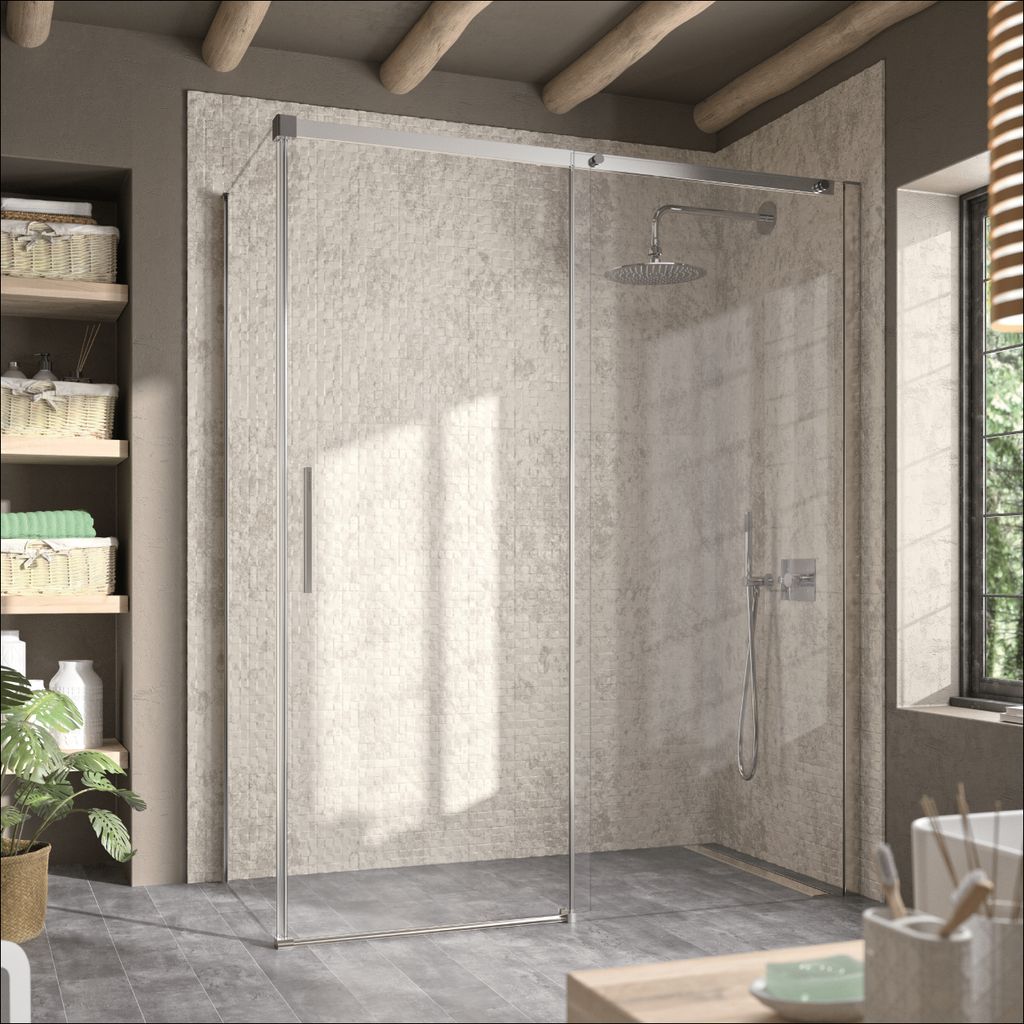 Duschwand mit Schiebetür LUNA - 155 cm Seitenstück : 66.5 - 69 cm Glas 8mm