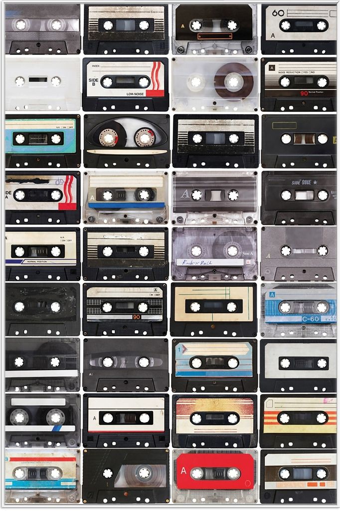 Wallario Wandbild Retro Kassetten, Größe: 61 x 91,50 cm, Poster mit weißem Aluminiumrahmen