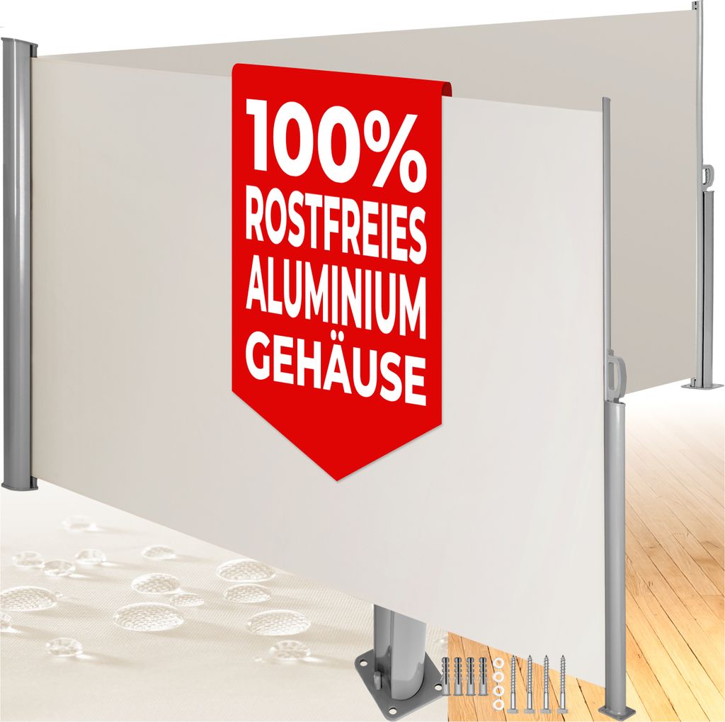 A white retractable side awning is shown, with a red banner highlighting its features.