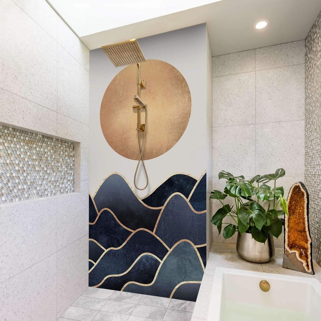 Duschrückwand originell selbstklebend - 0.61 mm Wandpaneel wasserfest Design gold Aquarell Abstrakt Badrückwand fugenlos Premium matt 110x210 cm