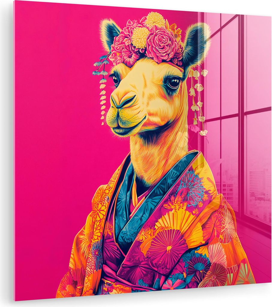 MuchoWow Glasbilder - Bilder auf Wandbild - Foto auf Glas Kamel - Blumen - Kimono - Fächer 50x50 cm Wanddekoration aus Glas - Acrylglasbild - Acry...
