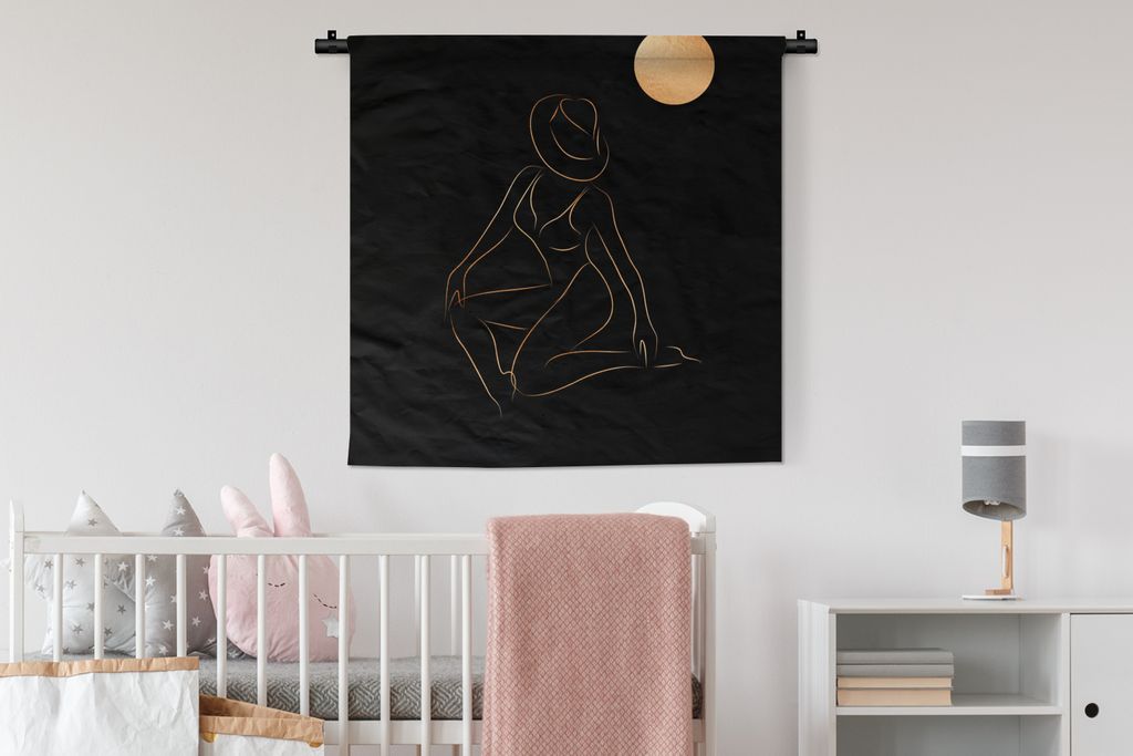 MuchoWow Wandteppich Wandbehang Frau - Mond - Gold - Schwarz 90x90 cm Tapisserie Dekoration Wandtuch - Wandaufhänger