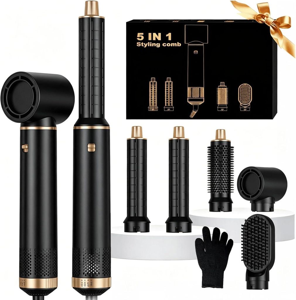 5 in 1 Haarstyler Pro Air Styler Set 1000w Rundbürstenföhn zum Trocknen und Stylen mit Air Curler, Warmluftbürste,Föhnbürste,Haartrockner,Glä...