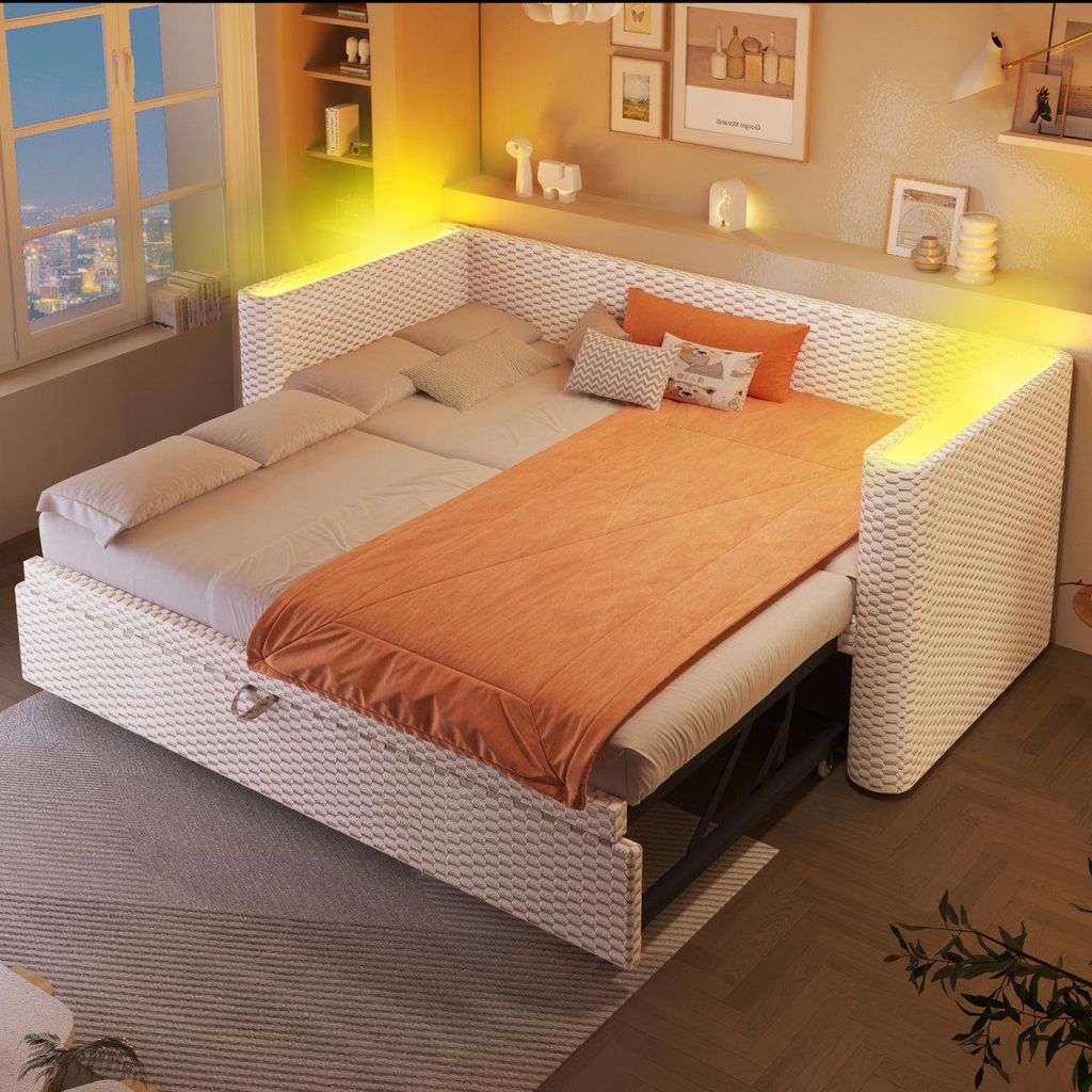 Tagesbett Schlafsofa 90x200 cm ausziehbar auf 180x200 cm Beige aus Samt mit LED-Lichtleiste, mit Lattenrost, ohne Matratze