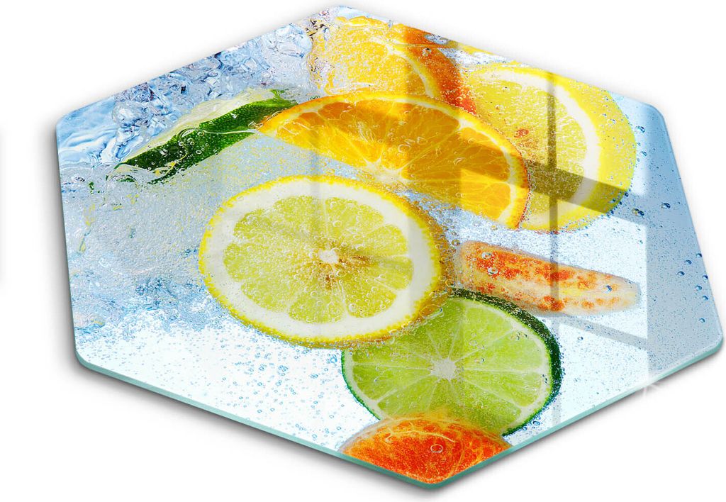 Glasschneideplatte - Herdabdeckplatte - Hexagon 40 cm -Schneidebrett - Spritzschutz - Saftiges Zitruswasser