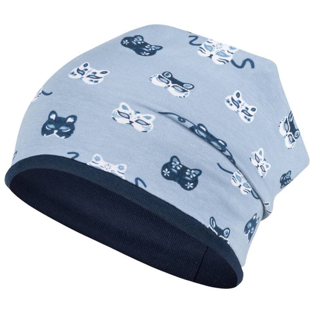 Mädchen Mütze Beanie Übergang Stoff Baumwolle doppellagig, Gr. 54-56, Katzen-Hellblau