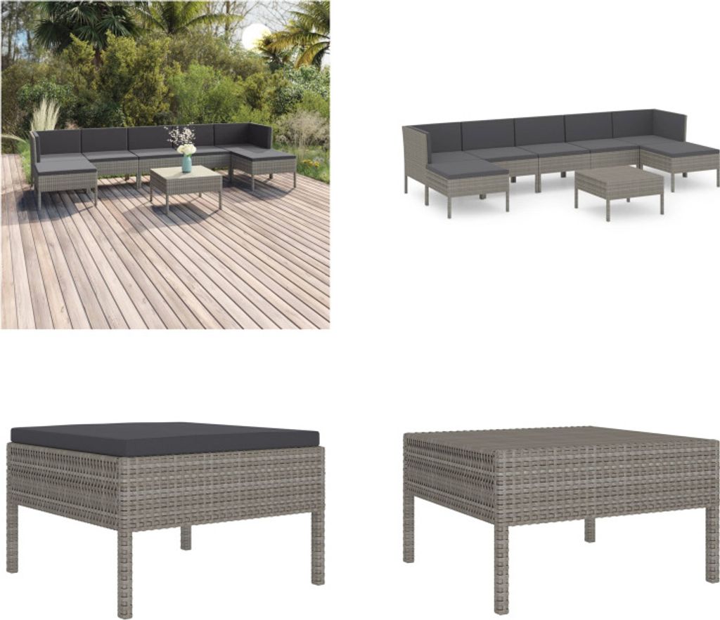 vidaXL 8 tlg. Garten Lounge Set mit Auflagen Poly Rattan Grau - Garten-Sofagarnitur - Garten-Sofagarnituren - Gartensofa-Set - Gartensofa-Sets