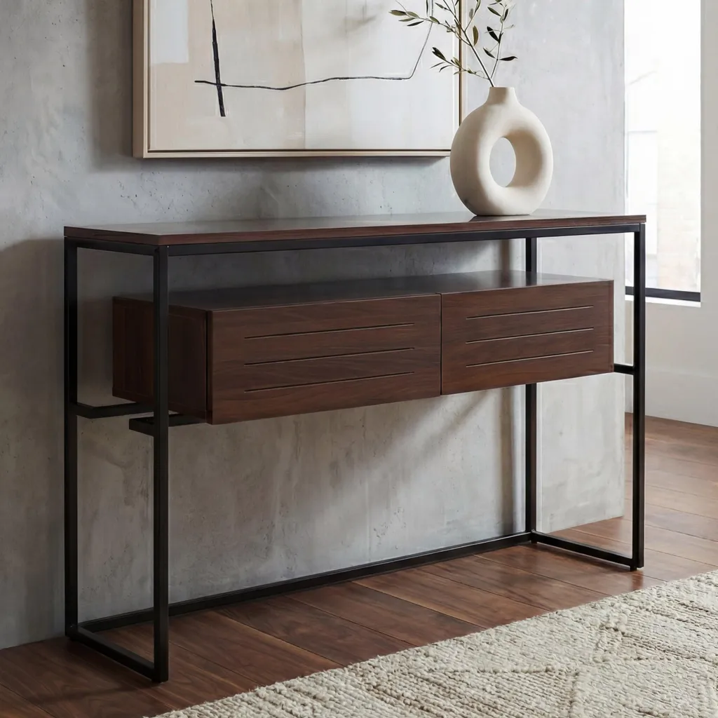 Console en métal et bois noyer HWC-P46 avec tiroir de rangement chic