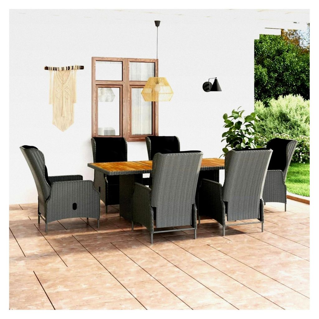 7-teiliges Garten-Essgruppen-Set mit Auflagen aus Poly Rattan in Hellgrau für Terrasse und Garten