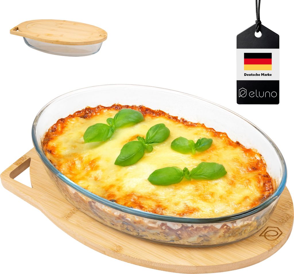 eluno Glas-Auflaufform inklusive Deckel aus Bambus, ca. 3 Liter, Servierbrett, Aufbewahrungsbox, oval